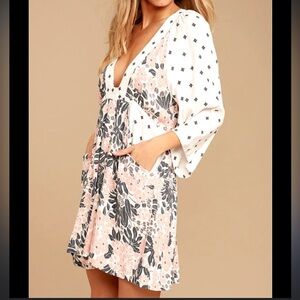 Free People Tallula White Print Long Sleeve Mini Dress, Small